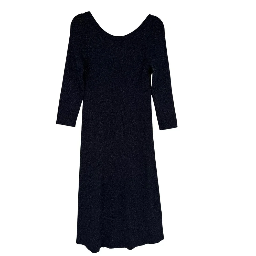 Anthropologie Navy Blue Metallic Ribbed Knit Scoop Neck Midi Dress Size Medium